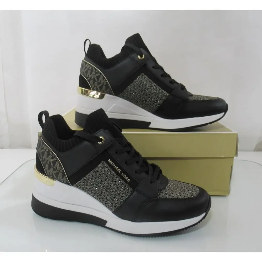 Michael Kors Georgie Knit Trainer Wedge Sneakers Laces MK Logo Black/Gold Size 8